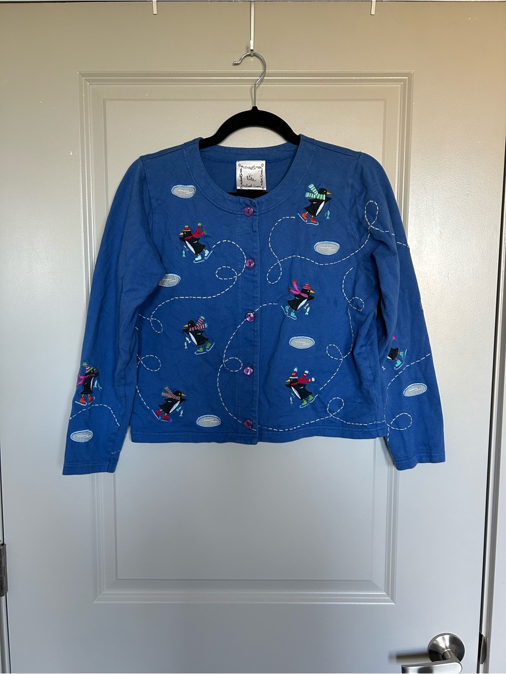 Women’s Michael Simon Vintage Blue Embroidered Skating Penguin Fleece Cardigan